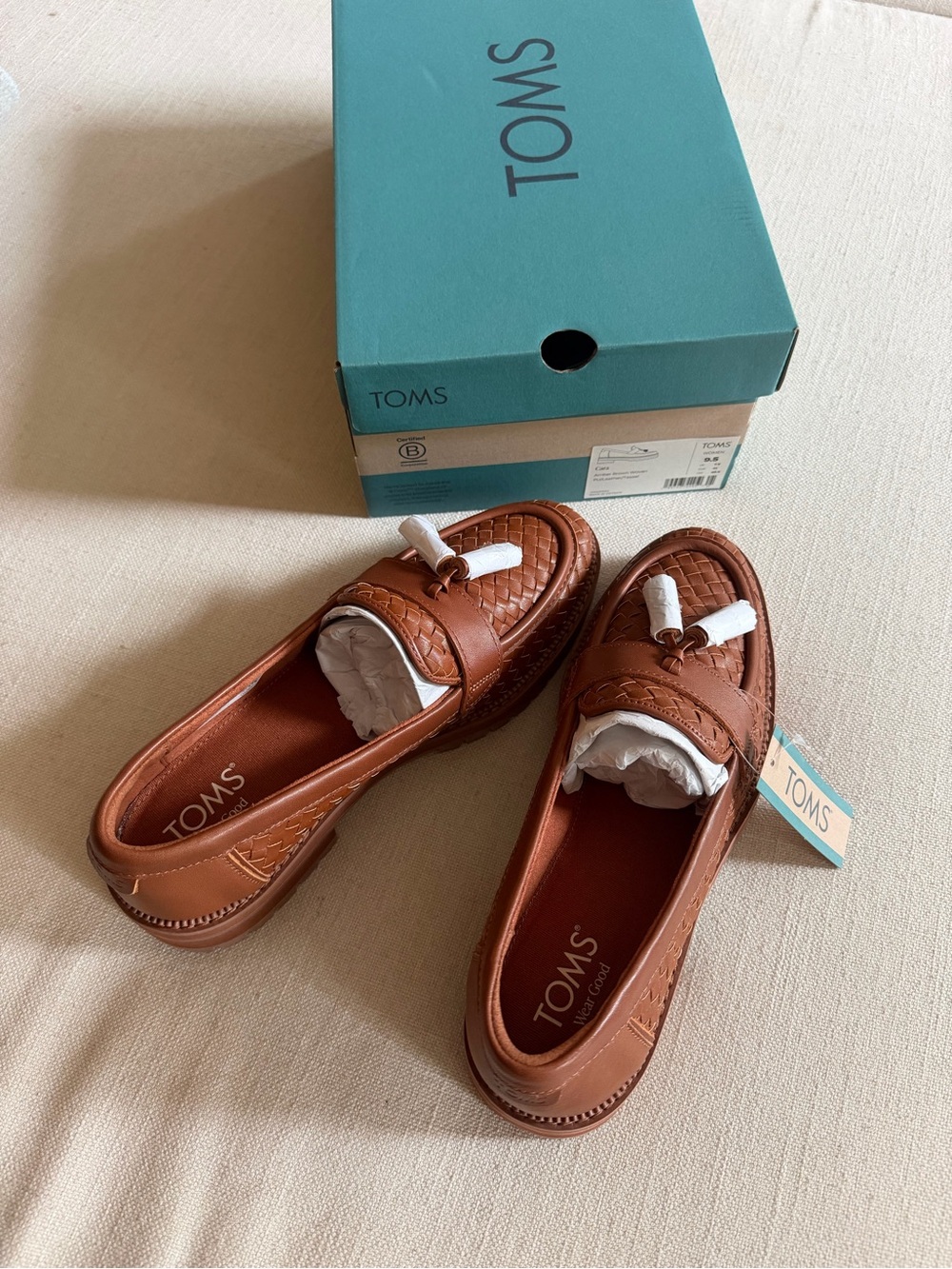 TOMS Cara Cognac Woven Leather Tassel Loafers